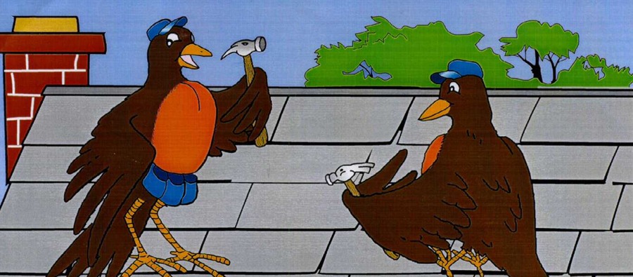 Illustration of two robins in tool belts working together on a shingle roof, each holding a hammer
